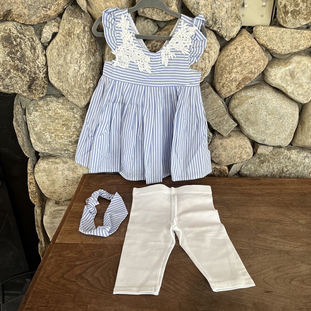 TAHARI SIZE 24M Blue Summer COTTON BLEND GIRLS DRESS Headband White Pants NWT